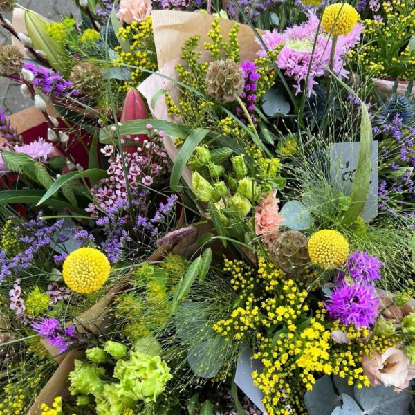 Mix forår, eks. craspedia, gyldenris, græs, allium, og mange flere forårsblomster
